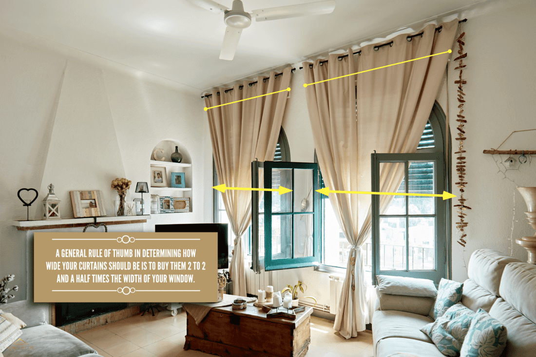 Typical home interior design with white painted walls and huge cream-colored curtains
