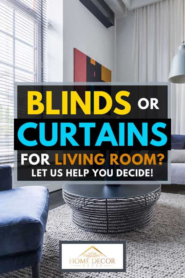 Living room with blue upholstered furniture, window blinds and white net curtain, Blinds or Curtains For Living Room? Let us help you decide!