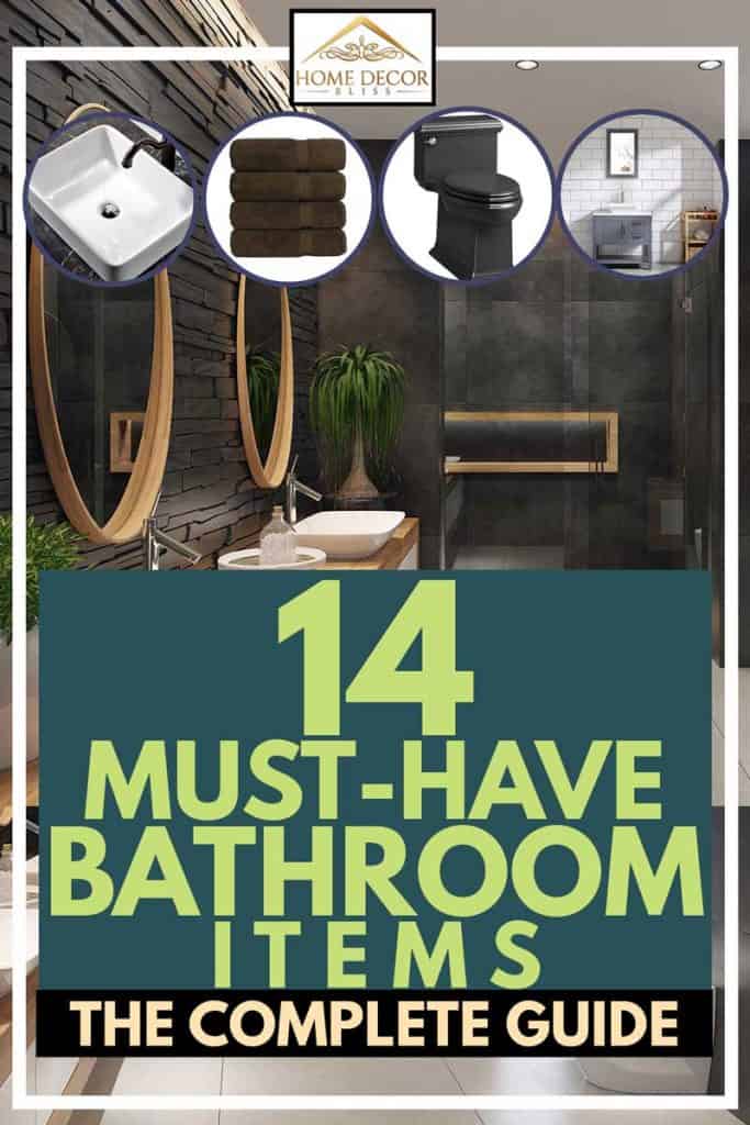 bathroom with two round mirrors and two wash basins, 14 Must-Have Bathroom Items [The Complete Checklist]