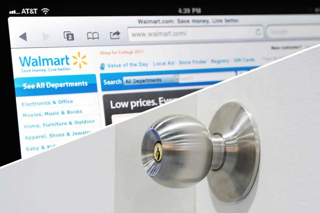 Collage of an iPad displaying Walmart website and a stainless steel door knob, 10 Gorgeous Exterior Door Knobs In Walmart