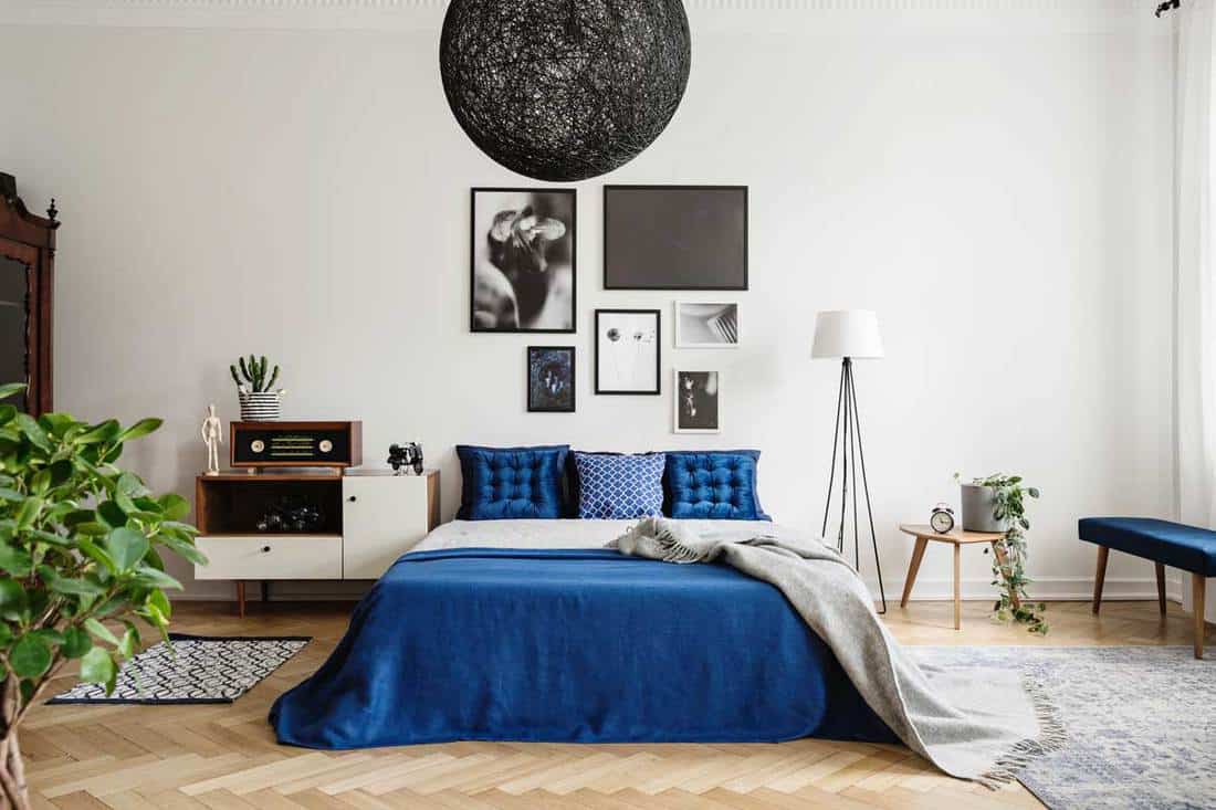 Gallery of framed art on white wall and black chandelier in navy blue bedroom in tenement house, How to Decorate Your Bedroom Walls [3 Questions to Ask Yourself]