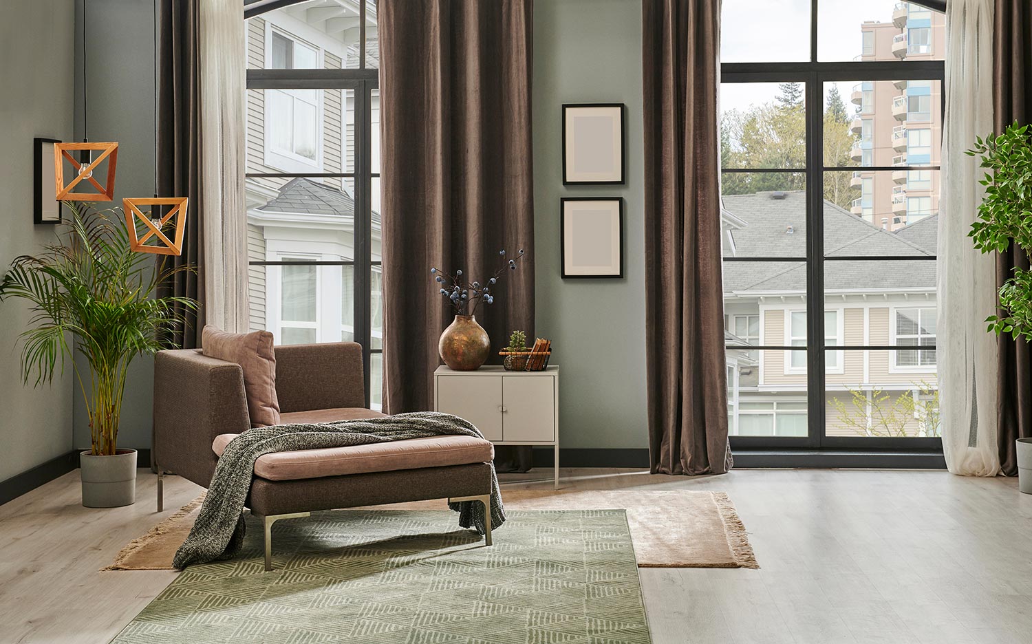 Grey living room with window concept curtain and garden view