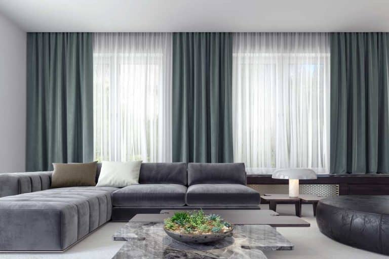 Gray sofa and blue green curtains with blinds, 19 Curtain Alternatives For Your Home