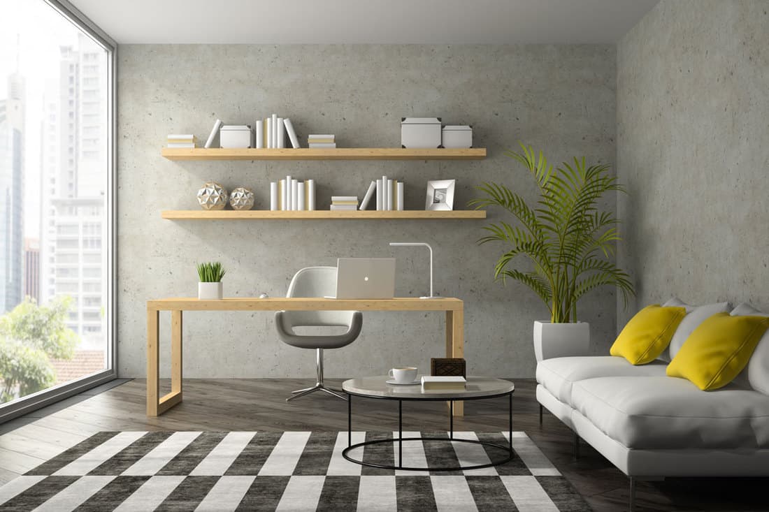 Interior of modern design office with white sofa 3D rendering