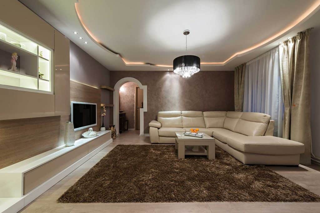 Interior shot of brown and beige luxury living room