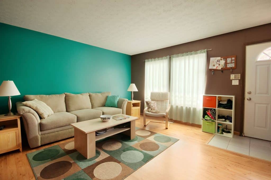 Living room with brown and blue walls blended with wooden flooring