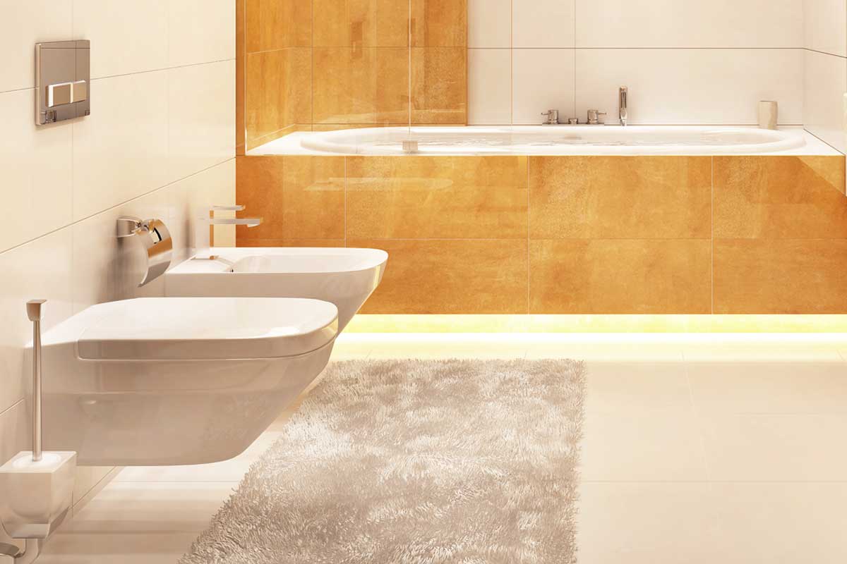 Luxury bathroom interior design in large house with bathtub, toilet and bathroom rug