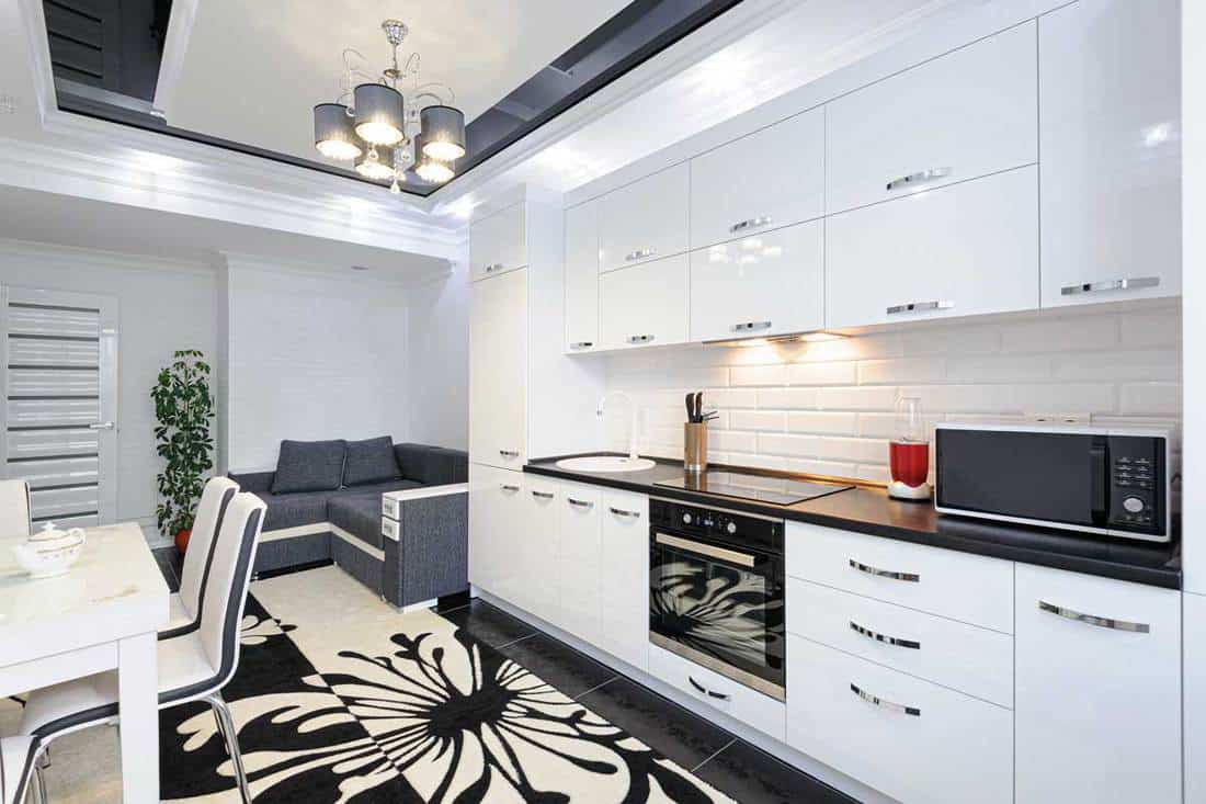 Luxury modern black and white kitchen with carpet on floor
