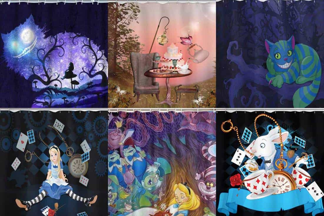 A collage of Alice in Wonderland shower curtains, 12 Alice In Wonderland Shower Curtains You Should See