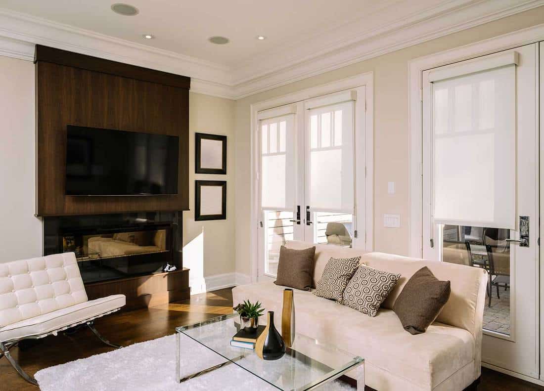 Main floor interior of open concept family room in newly built North American private home
