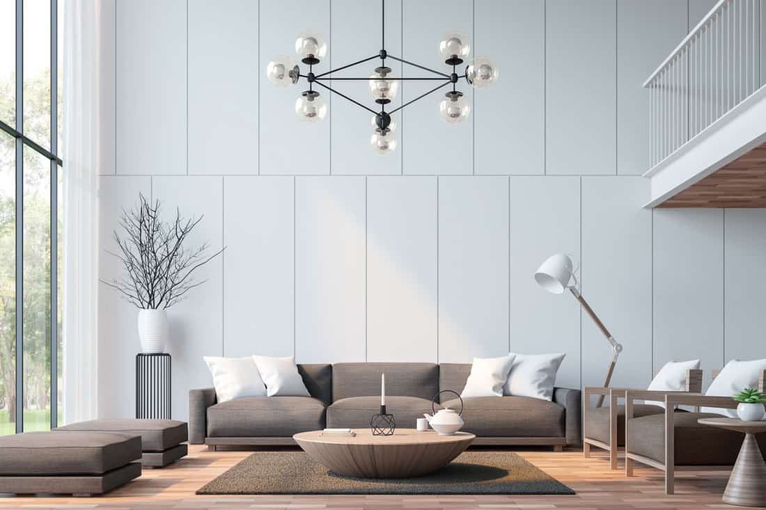 Modern living room with mezzanine 3d rendering image.