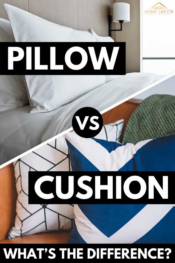 A collage of white pillow on bed and two sofa cushions, Pillow vs. Cushion: What's the difference?
