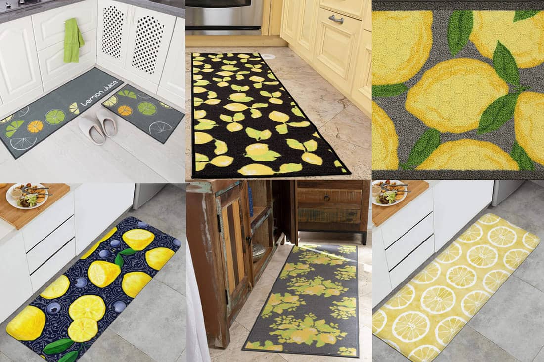 Collage of lemon rug products, 12 Beautiful Lemon-Themed Kitchen Rugs