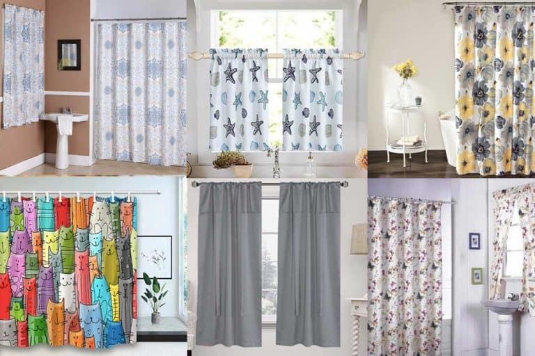 A collage of matching window and shower curtains sets, 11 Matching Shower And Window Curtains Sets for Your Bathroom