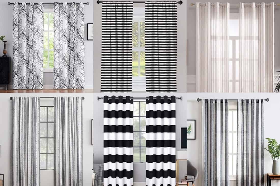 A collage of six aesthetically gorgeous black and white striped curtains, 13 Black and White Striped Curtains That Will Delight You