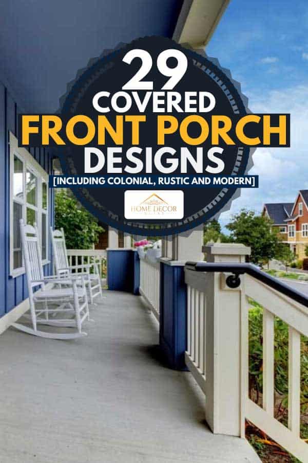 Front porch with blue color wall and gray door, 29 Covered Front Porch Designs [Inc. Colonial, Rustic and Modern]