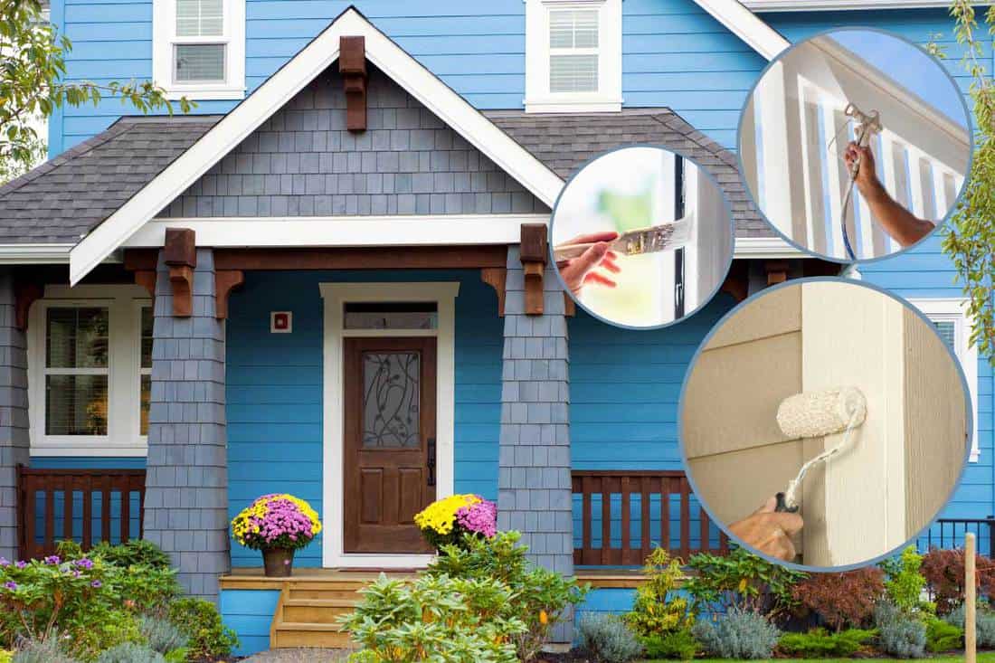 Collage of a persons hand painting with front porch of a blue house on the background, How to Paint a Front Porch in 4 Actionable Steps