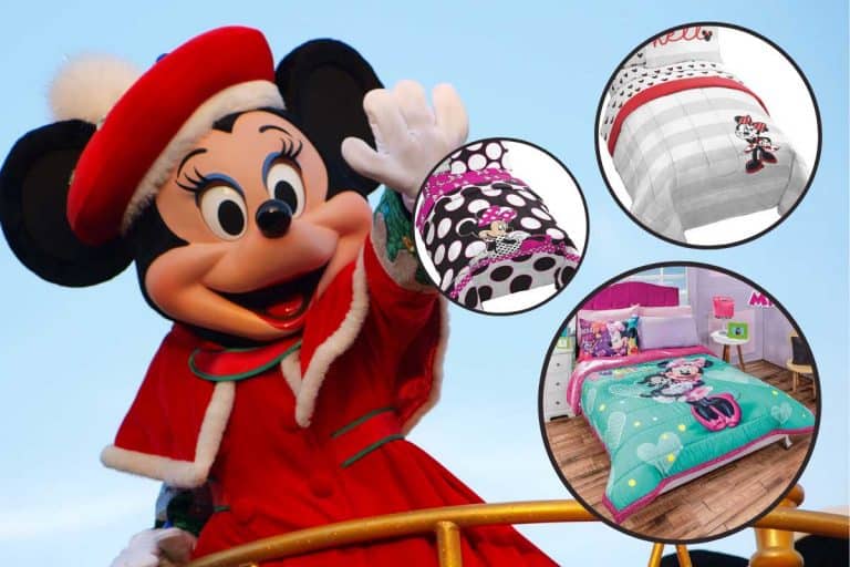 Collage of minnie mouse bedding sets for kids with minnie mouse on the background, 10 FUN Minnie Mouse Bedding Sets for Kids