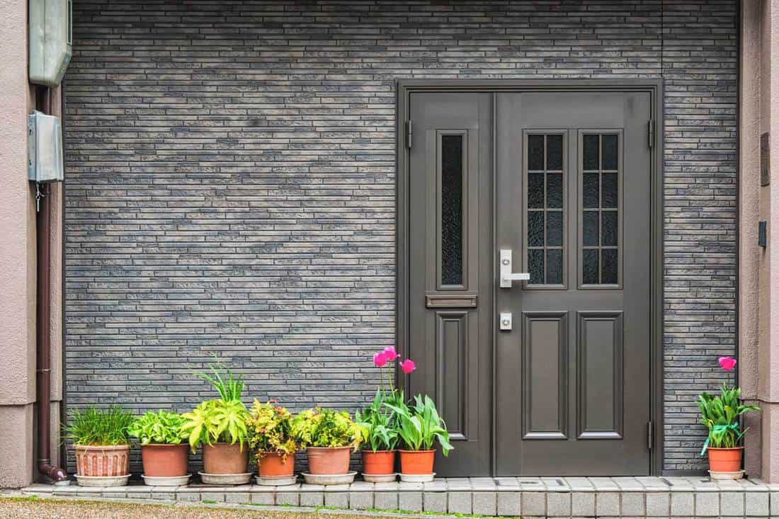Gray front door with small square decorative windows and flower pots, Should All Exterior Doors Be The Same Color?