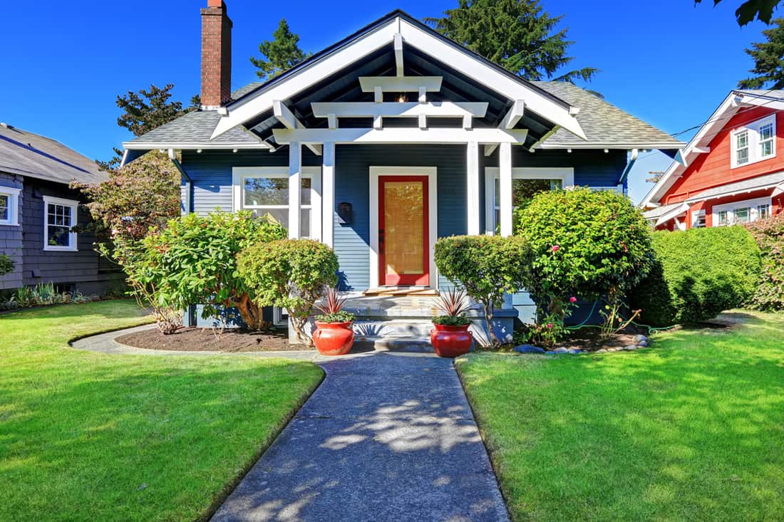 House exterior with curb appeal and glass red front door entrance, 27 Front Porch Decorating Ideas That Will Inspire You