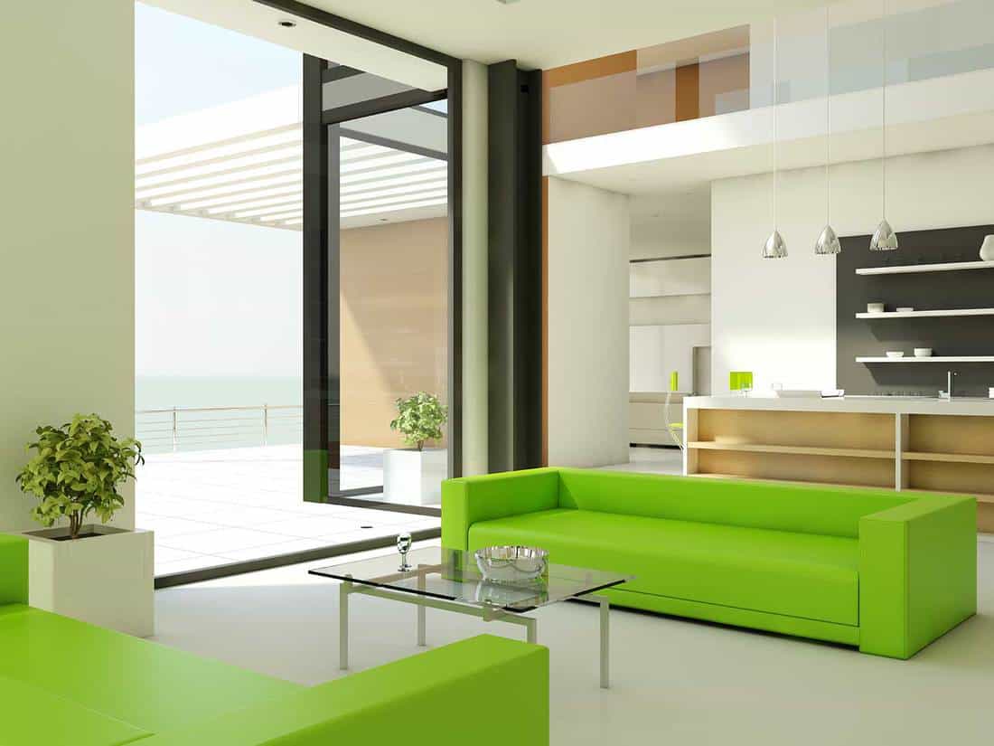 Light luxury interior design living room with neon green sofas near a white and light brown wooden bar counter