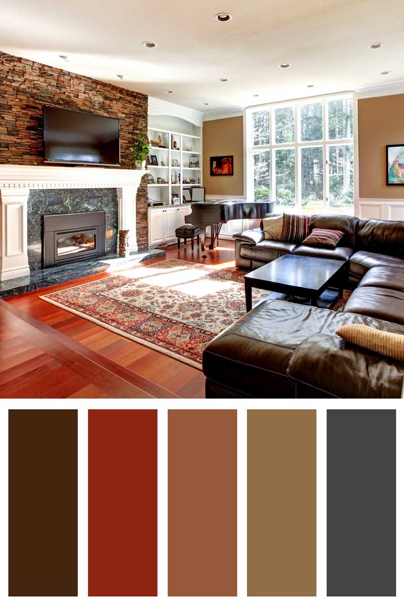 Luxury living room with stobe fireplace and leather sofas. Add Some Charcoal Grey Accents With Brown Leather Furniture