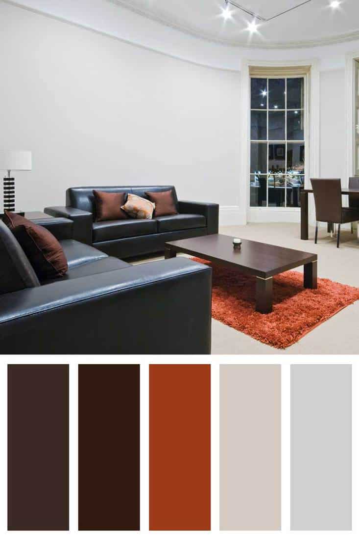 Mint living room with glass windows and brown cushions. Dark Browns With Cinnamon And Pale Greys