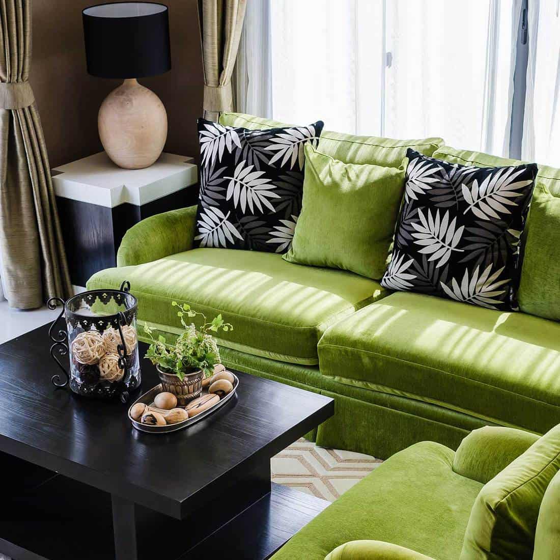 Modern living room design with green sofa set, throw pillows and black coffee table