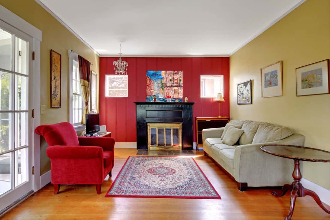 Narrow living room with red walls at the center with matching red and beige sofa