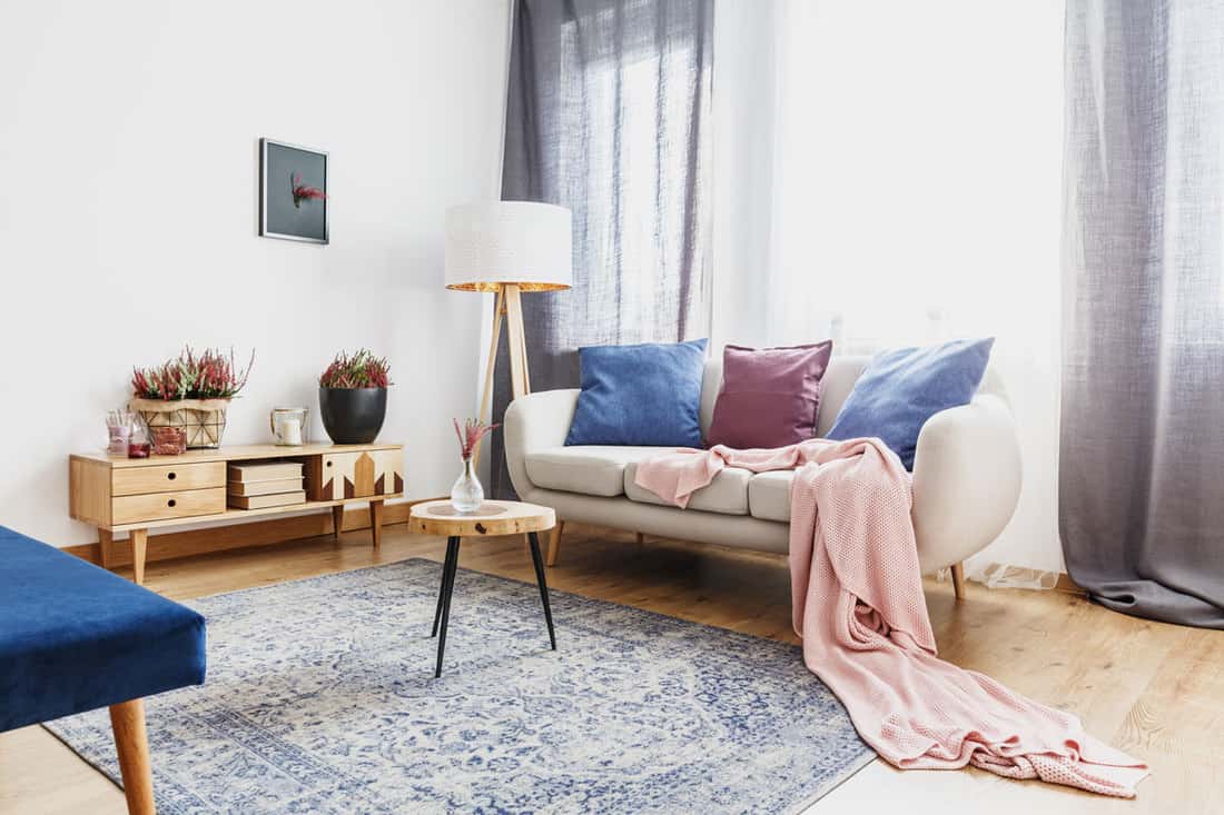 Beige sofa with throw pillows and a peach blanket, with gray and white curtain background, blue-patterned rug at the center and furniture complementing the couch.
