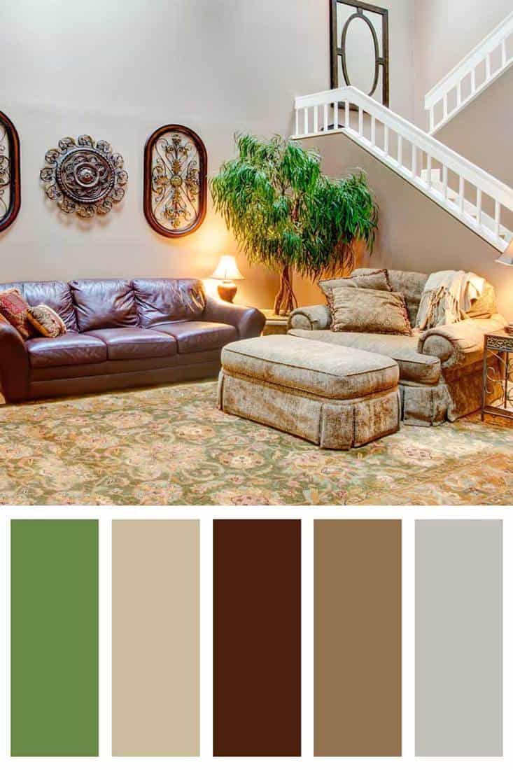 modern living room with brown sofa. A Splash Of Green Will Brighten Up Your Browns