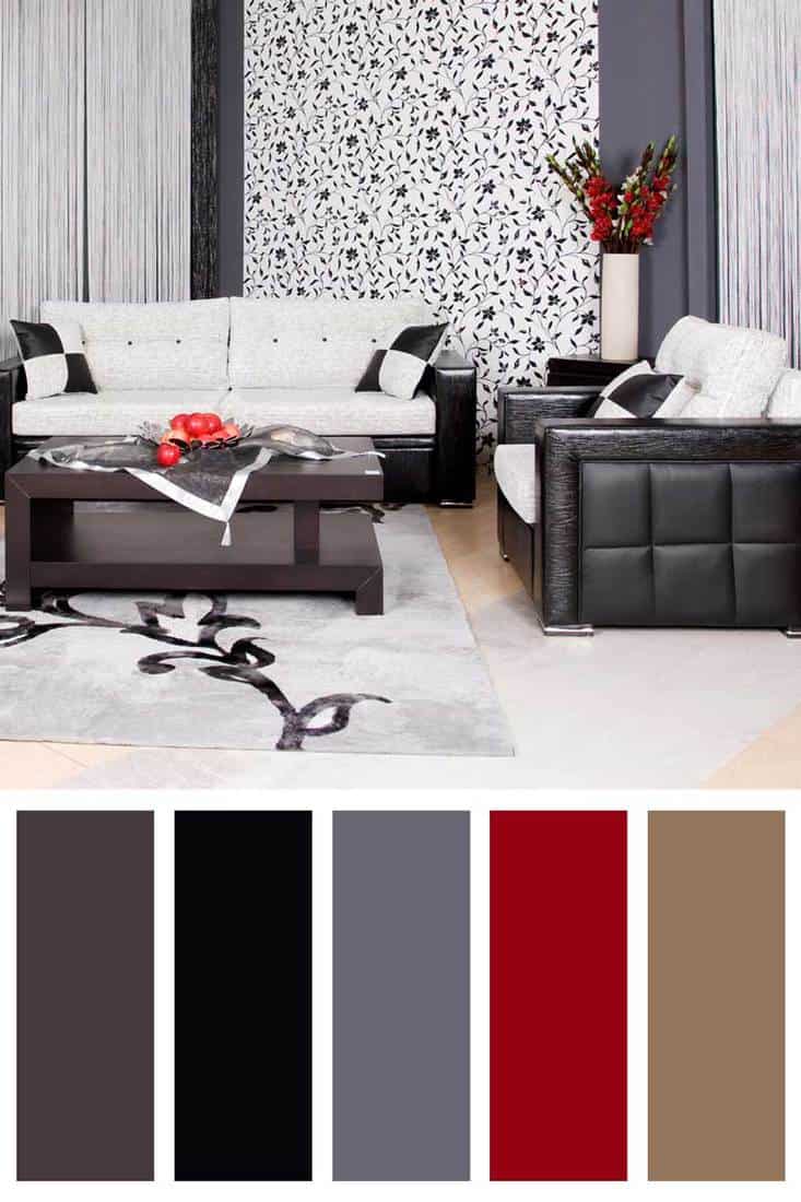 modern living room with gray wall. Go For Greys, Red, And Muted Browns