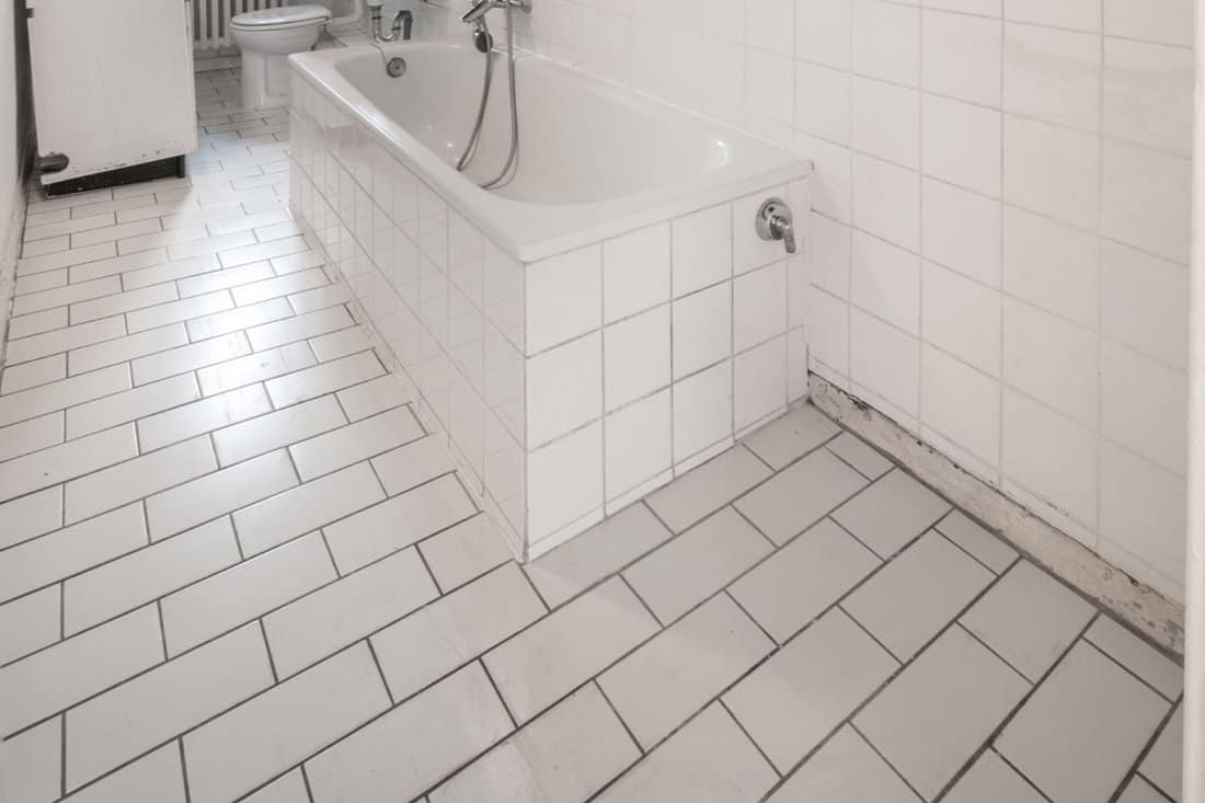 old white tiledac bathroom with bathtub
