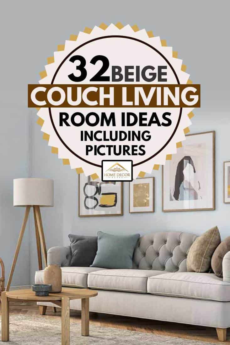 Small gray wall living room with beige couch and picture frames above, 32 Beige Couch Living Room Ideas [Inc. Pictures!]