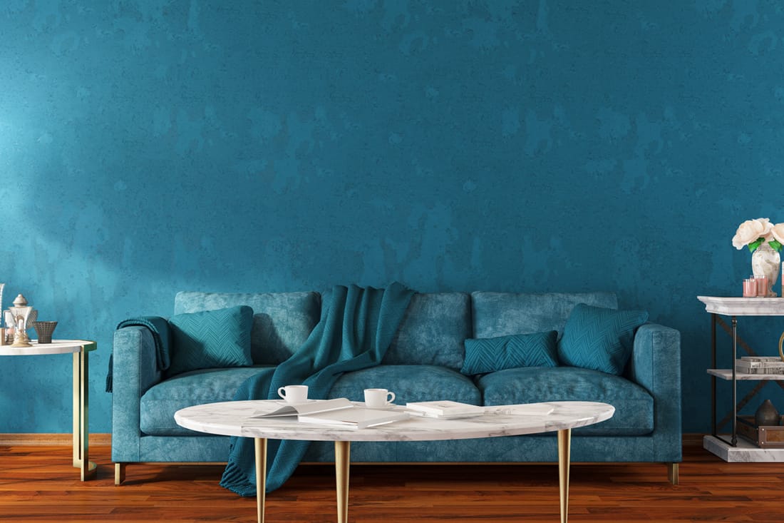 blue couch with pillows