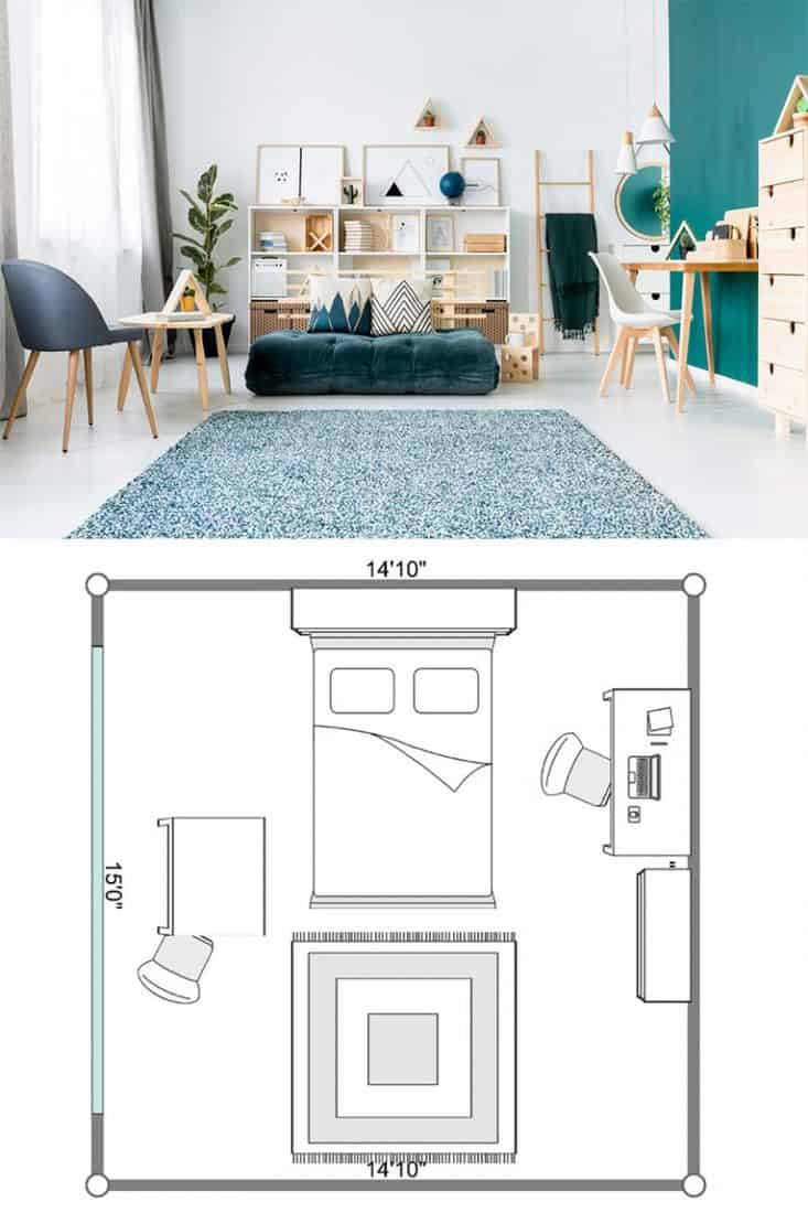teenage small bedroom layout with desk