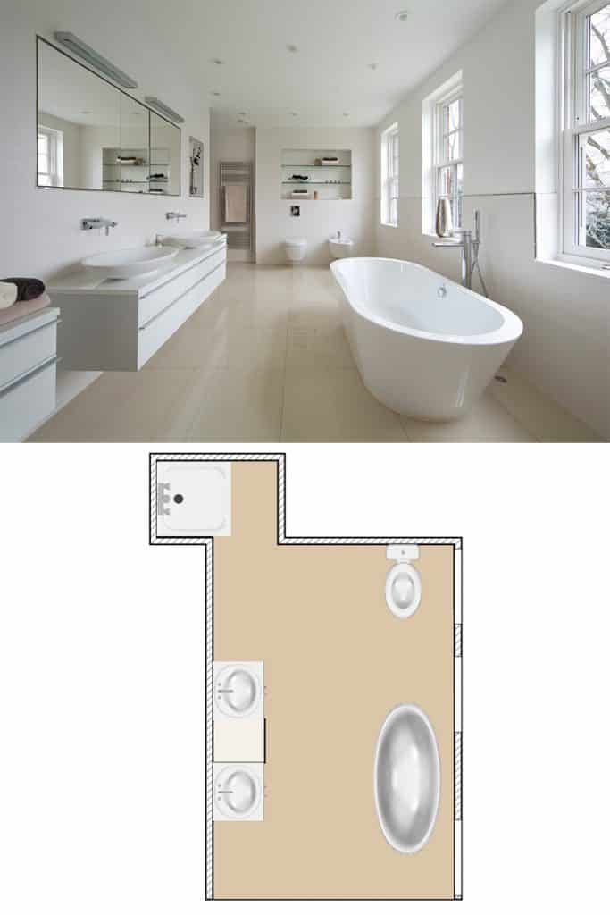 Une grande salle de bain de couleur marron avec une immense baignoire et deux lavabos de chaque côté