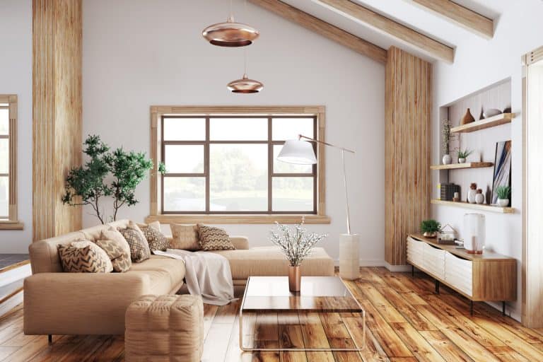 A modern living room with a white colored wall, exposed wooden trusses, and an indoor plant on the side, How to Use Room darkening window film in your home
