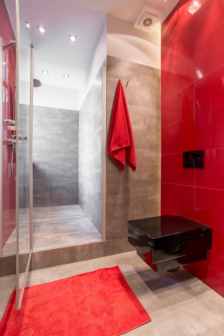 A red and grey colored bathroom with a red towel and a glass door shower area