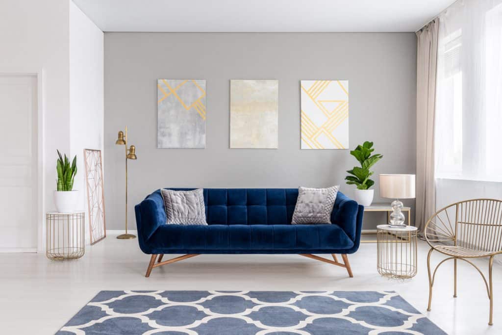 A white colored living room with a blue colored couch