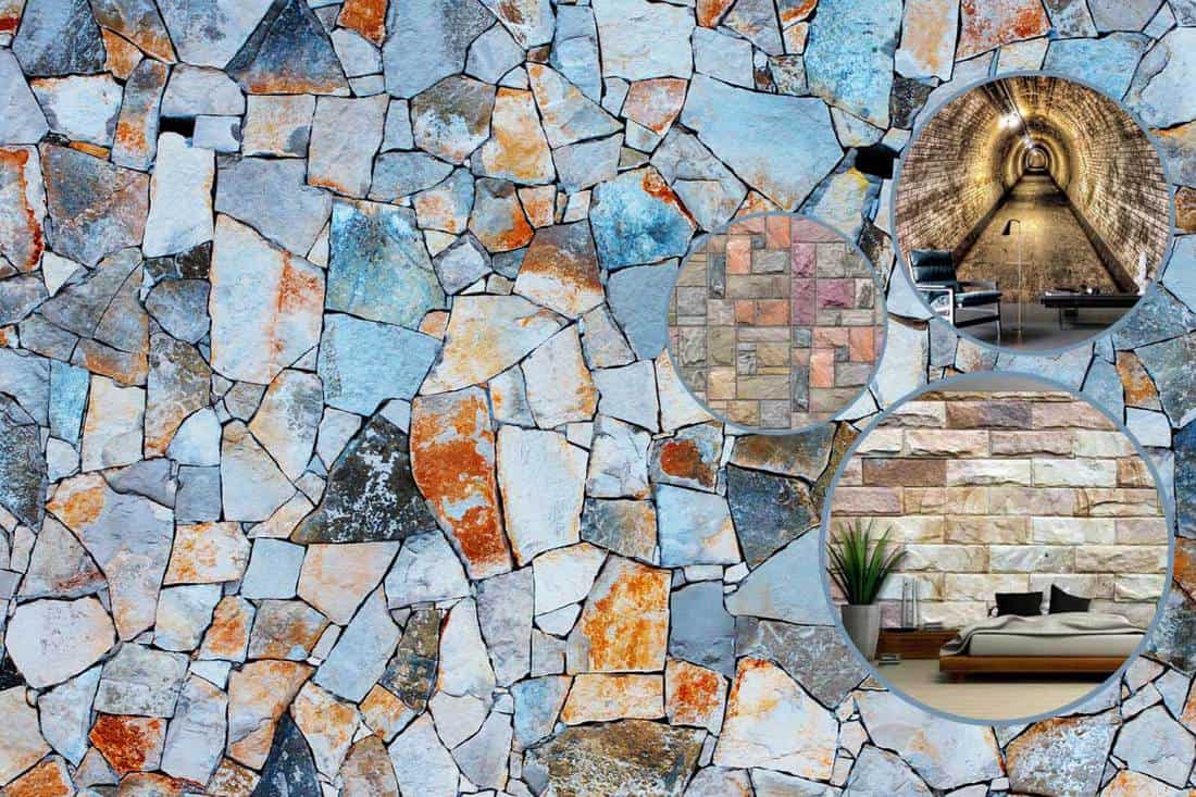 Collage of a stone-effect wall murals with multi-colored stone wall on the background