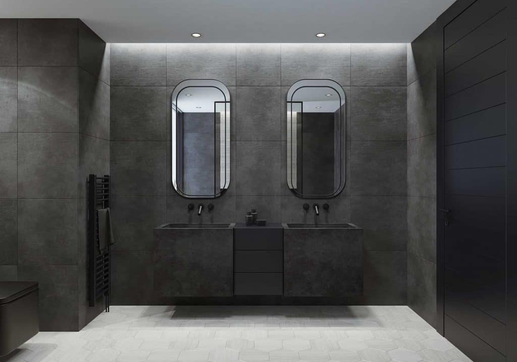 Contemporary bathroom with light gray honeycomb ceramic tiles and dark gray concrete like large tiles