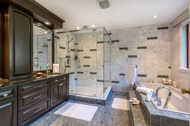 Elegant bathroom with Tub and plexiglass shower. with dark cabinet, Dark or Light Cabinets in Bathroom? [5 Tips to Keep in Mind]