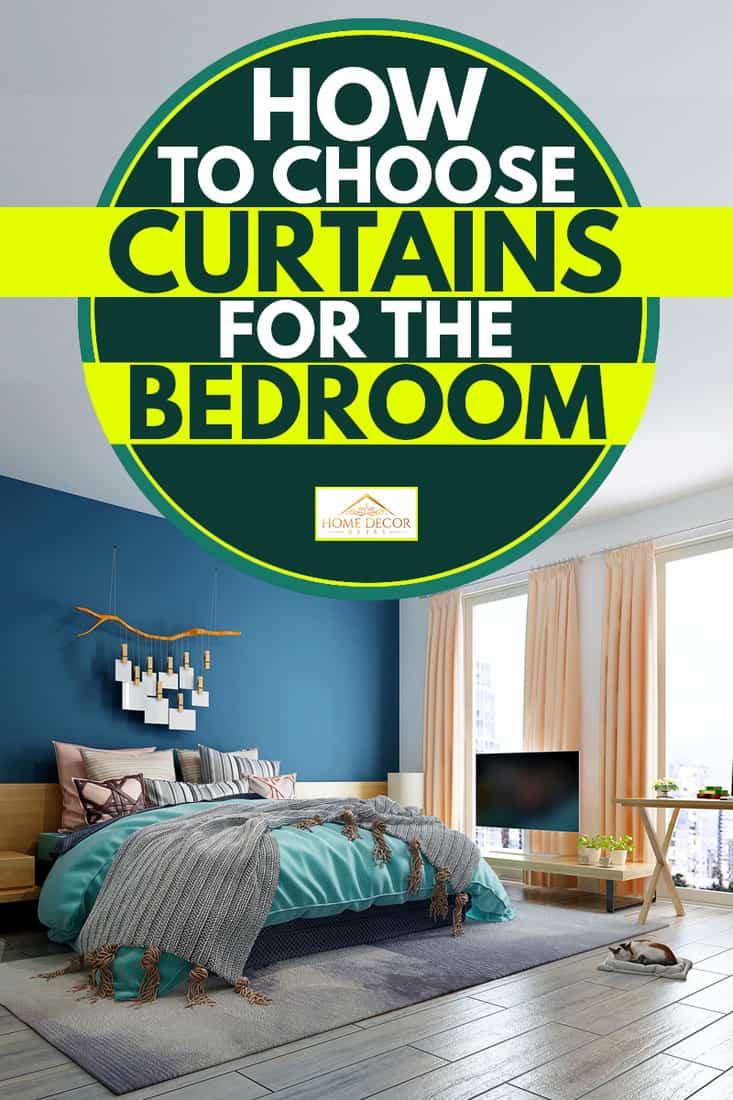 A bedroom with a blue and white colored wall and a peach colored curtain mixed with a sky blue bedding set, How To Choose Curtains For The Bedroom