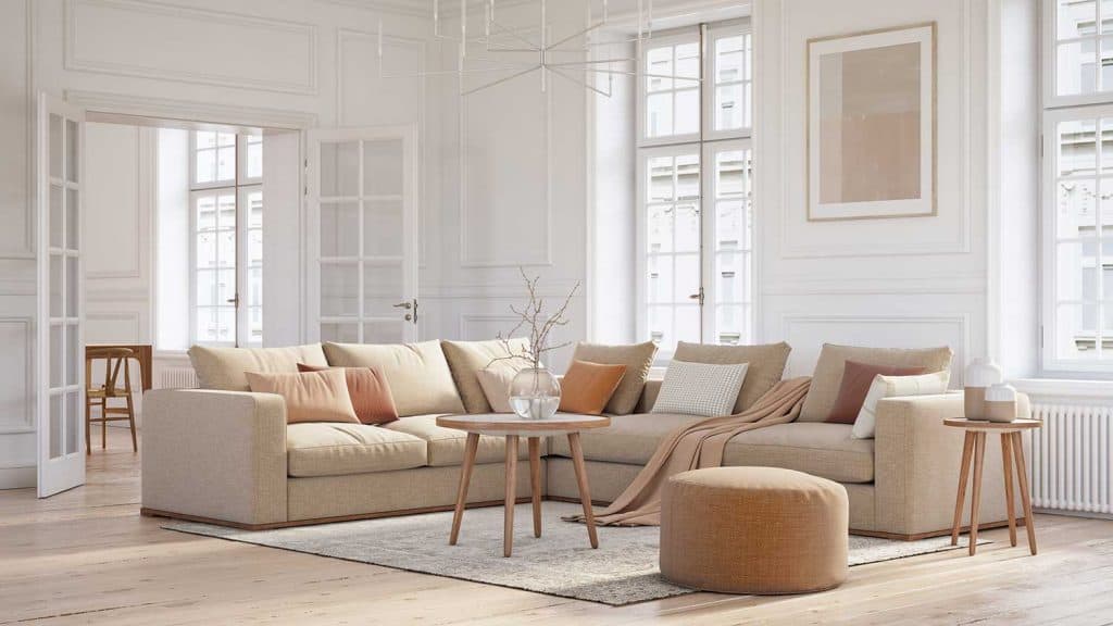 Scandinavian interior design living room with beige colored furniture and wooden elements