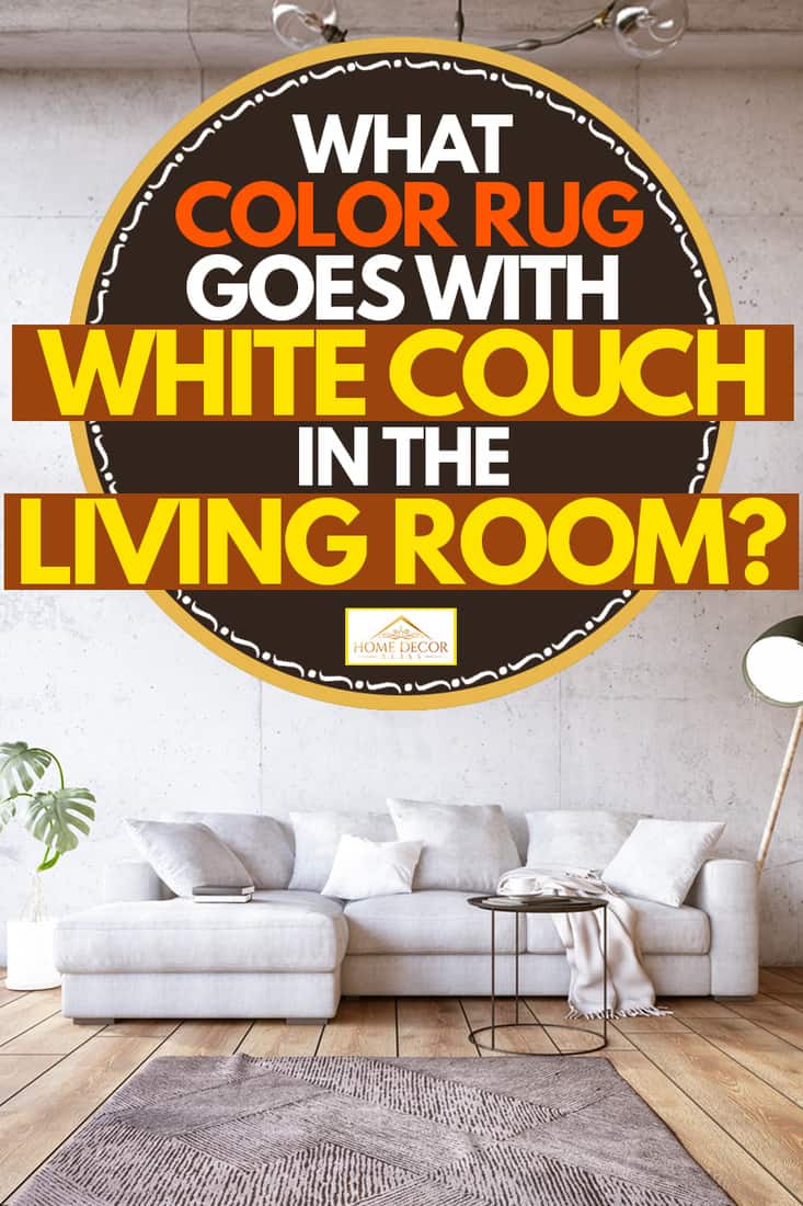 A white couch with white throw pillows and a brown rug on a wooden floor, What Color Rug Goes With White Couch in the Living Room?