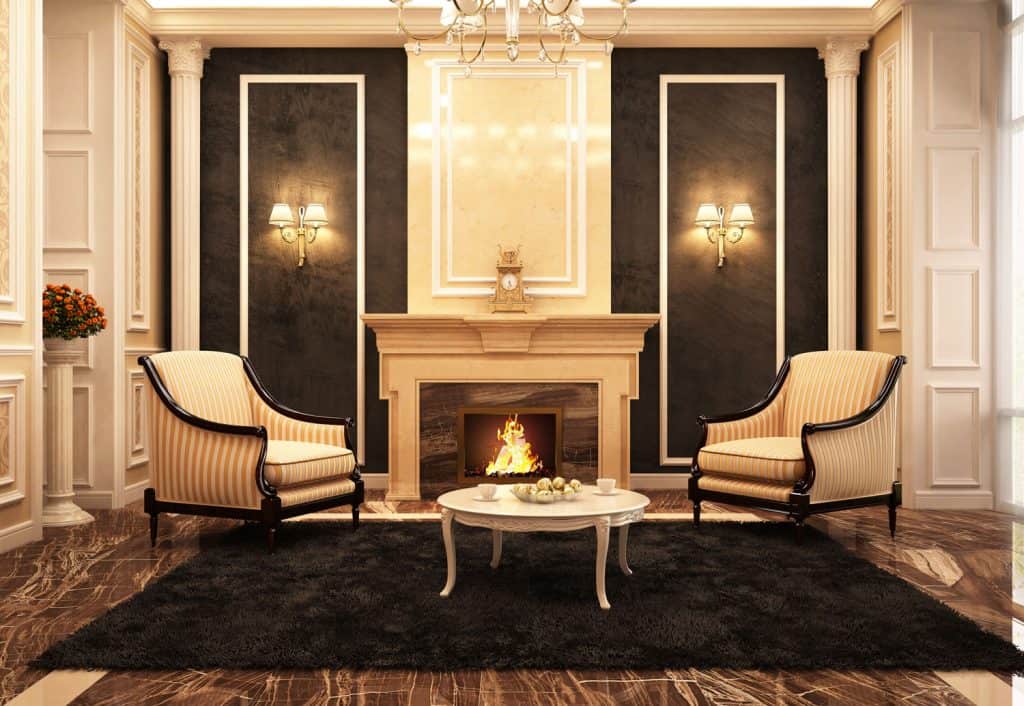 Beautiful fireplace room in classic style with black rug