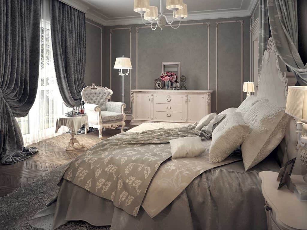 Classic gray bedroom interior with matching side table lamp shades and a standing lamp shade