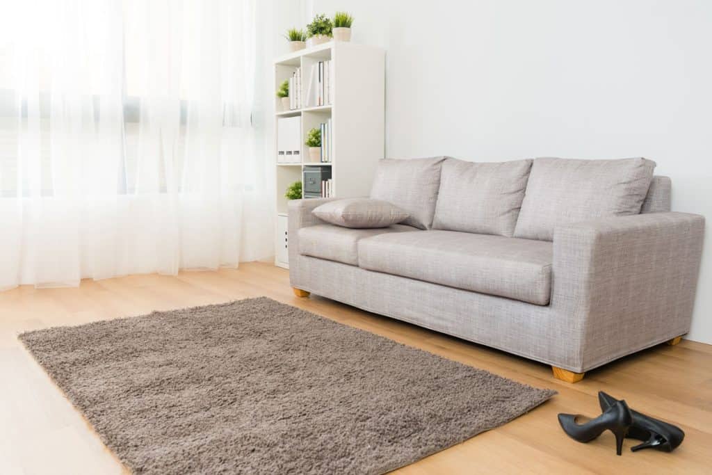Light gray sofa with gray throw pillow, wooden laminated flooring with a gray area rug
