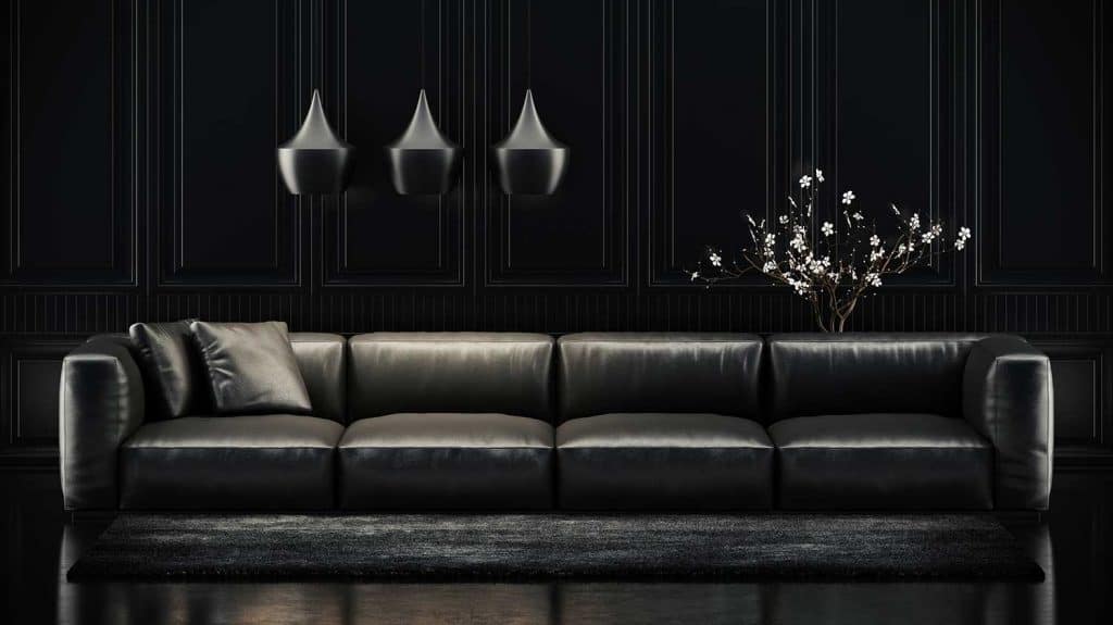 Modern black leather sofa in a dark living room interior